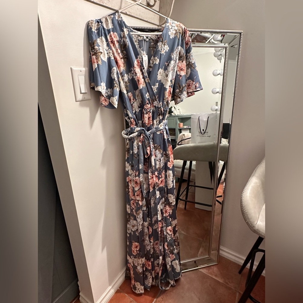 Boho blue satin maxi dress